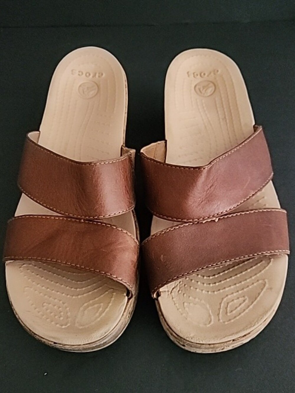 Crocs  Brown Leather Aleigh Mini Wedge Slide Sandals. Size 9